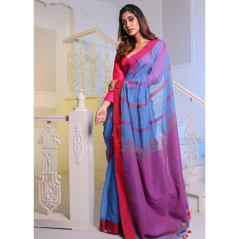 Sky Blue Cotton Saree With Blouse Piece - JD986586116