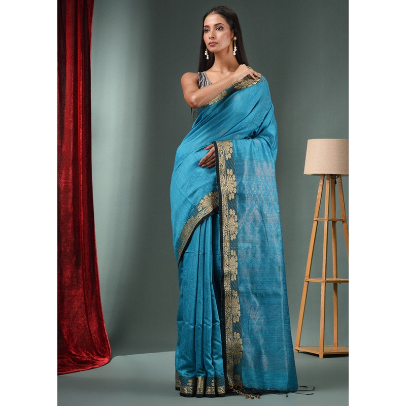 Sky Blue Dupion Pure Silk Saree With Blouse Piece - JD986586114