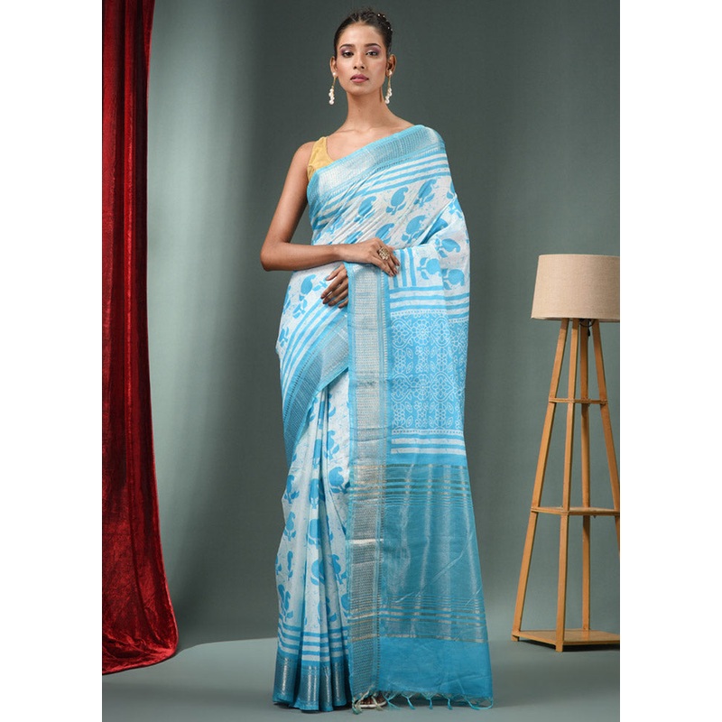 Sky Blue Dupion Silk Saree With Blouse Piece - JD986586109