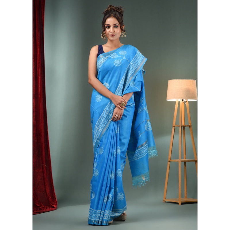Sky Blue Dupion Silk Saree With Blouse Piece - JD986586111