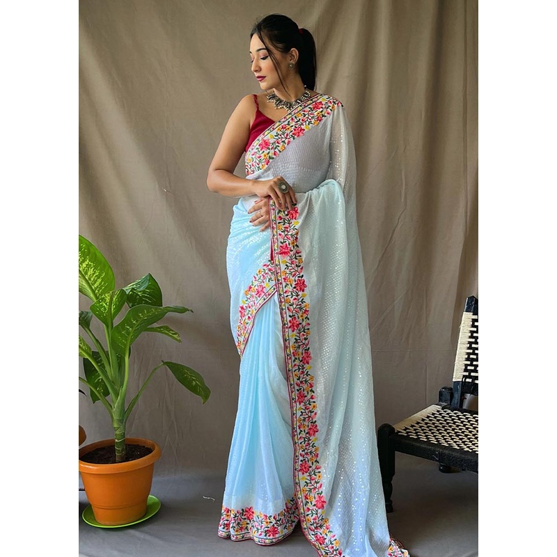 Sky Blue Georgette Saree With Blouse Piece - JD986586097