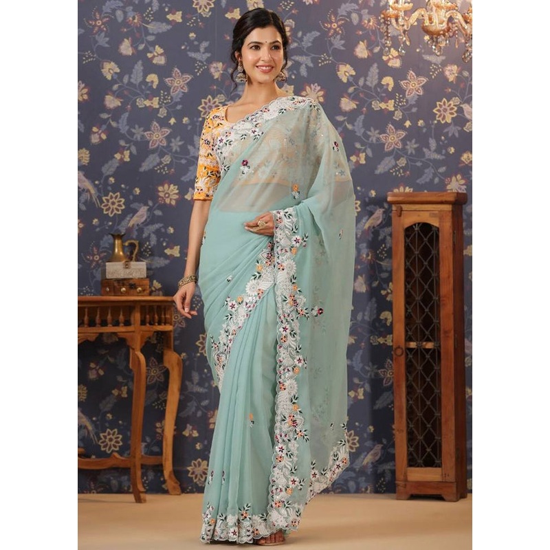 Sky Blue Georgette Saree With Blouse Piece - JD986586098
