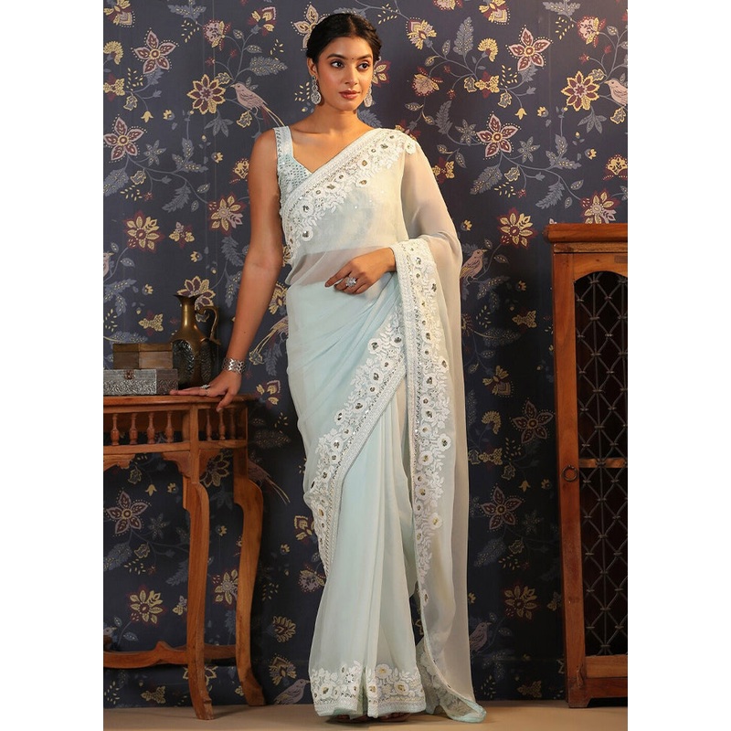Sky Blue Georgette Saree With Blouse Piece - JD986586099