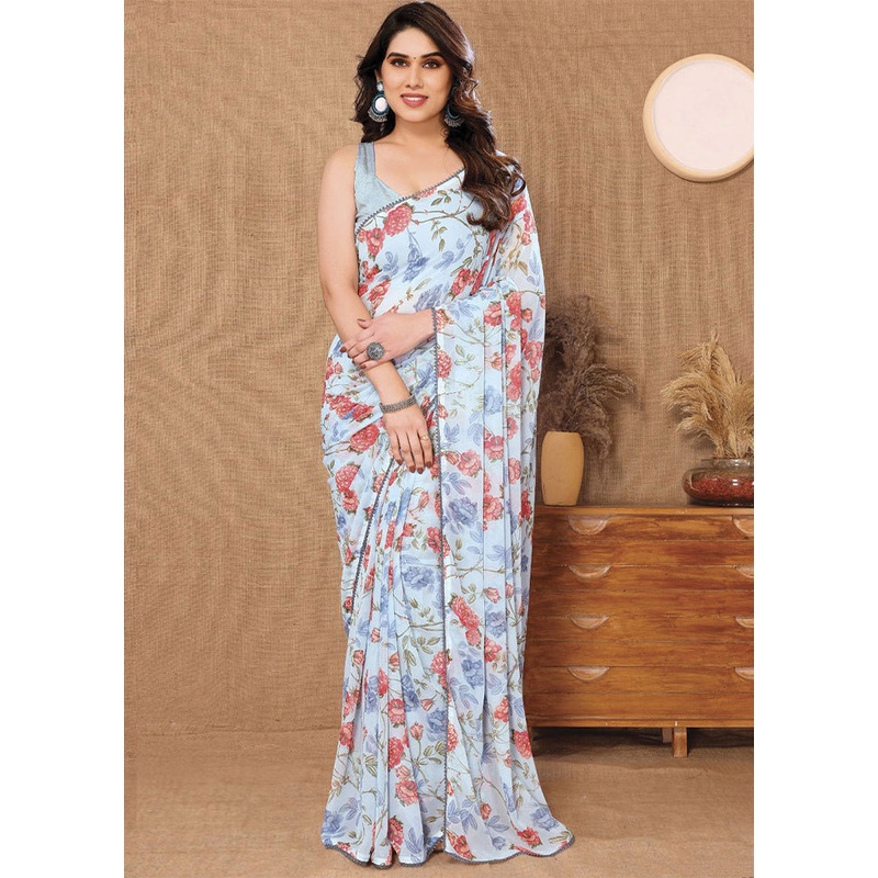 Sky Blue Georgette Saree With Blouse Piece - JD986586102