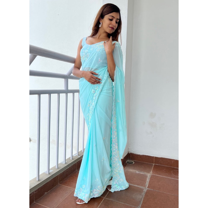 Sky Blue Georgette Saree With Blouse Piece - JD986586103