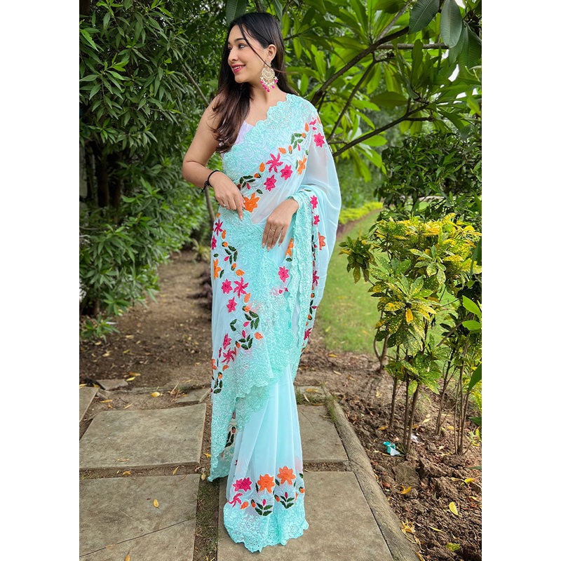 Sky Blue Georgette Saree With Blouse Piece - JD986586104