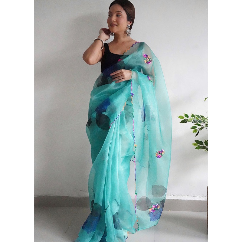 Sky Blue Organza Saree With Blouse Piece - JD986586093