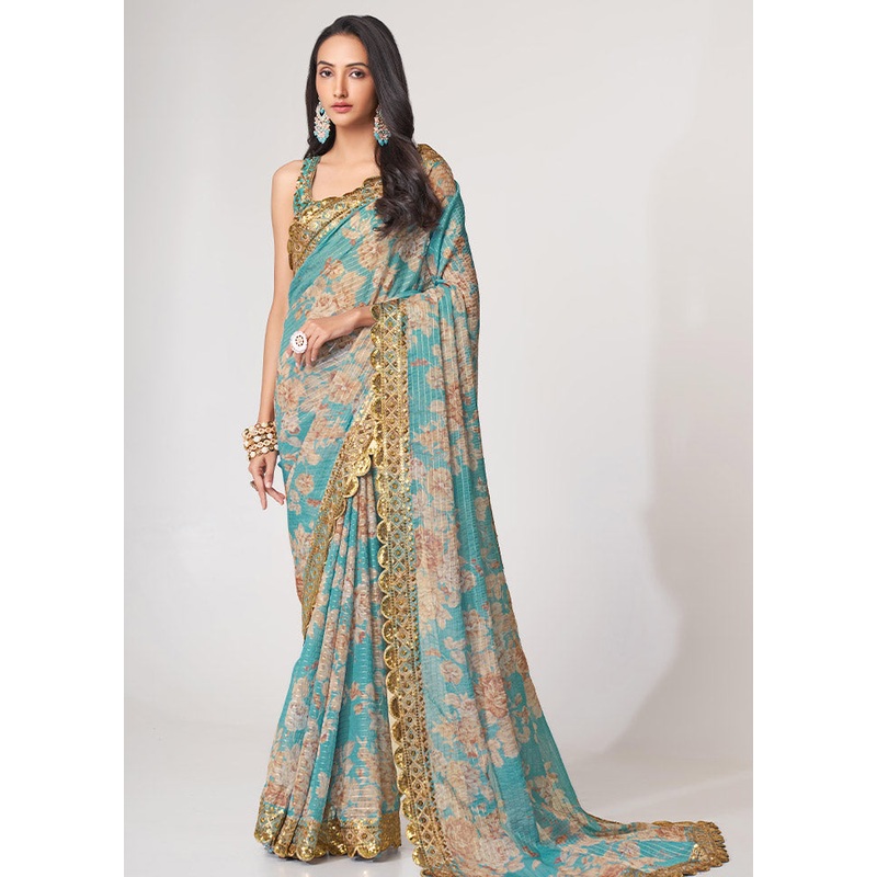 Sky Blue Organza Saree With Blouse Piece - JD986586094