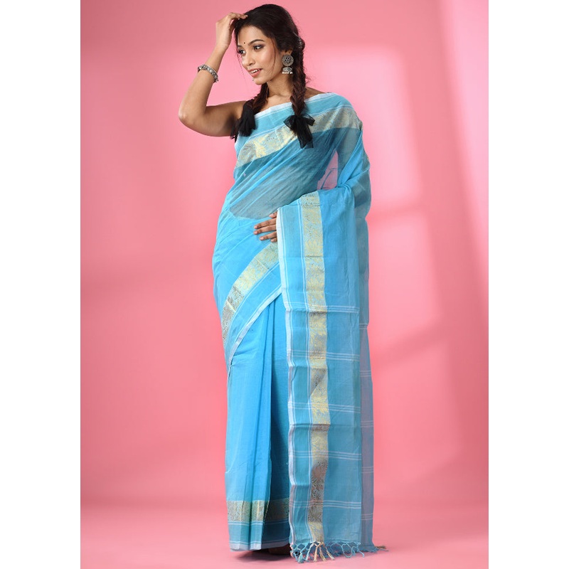 Sky Blue Pure Cotton Saree With Blouse Piece - JD986586083