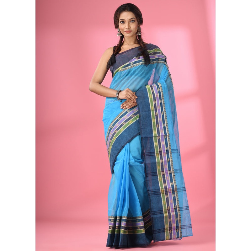 Sky Blue Pure Cotton Saree With Blouse Piece - JD986586084