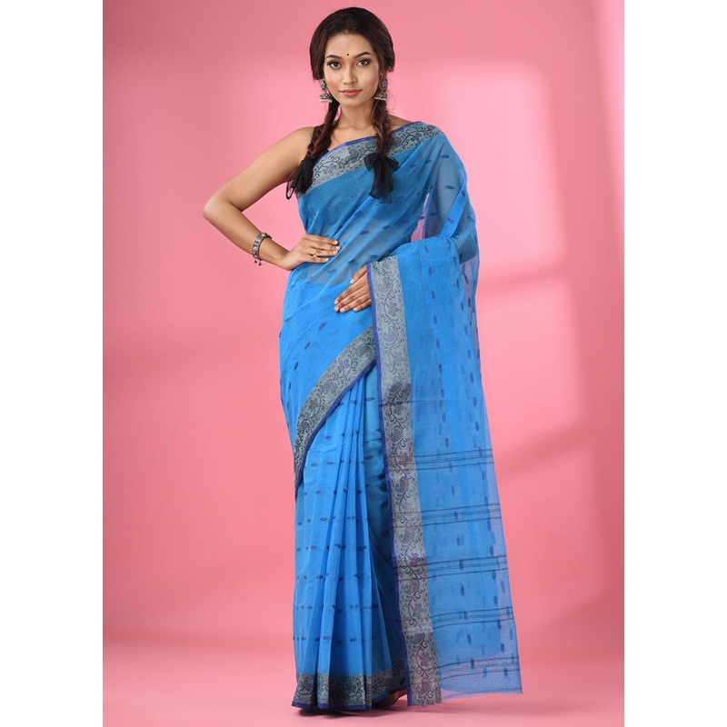 Sky Blue Pure Cotton Saree With Blouse Piece - JD986586085