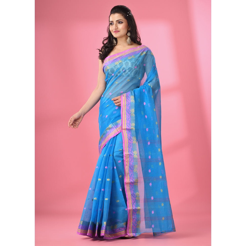 Sky Blue Pure Cotton Saree With Blouse Piece - JD986586086