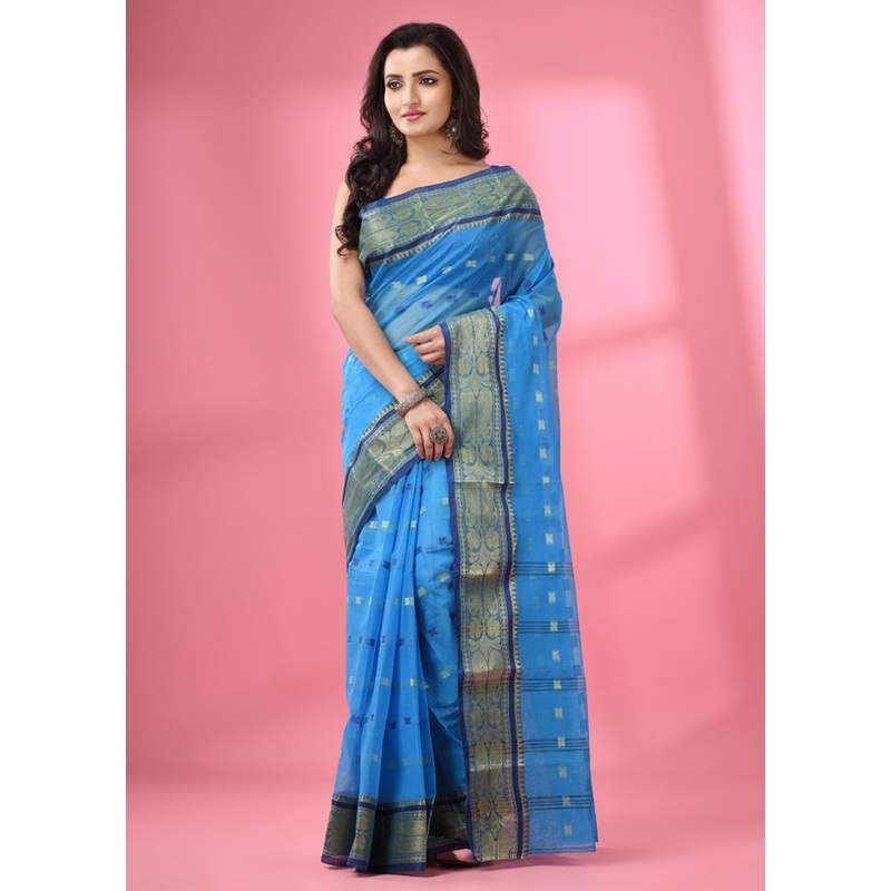 Sky Blue Pure Cotton Saree With Blouse Piece - JD986586087