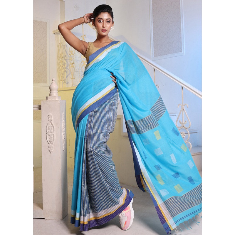 Sky Blue Pure Cotton Saree With Blouse Piece - JD986586088