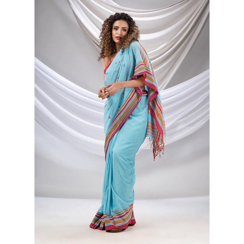 Sky Blue Pure Cotton Saree With Blouse Piece - JD986586089