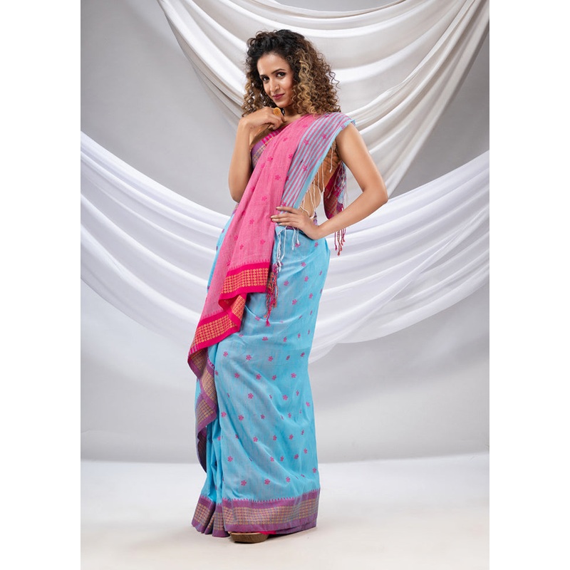 Sky Blue Pure Cotton Saree With Blouse Piece - JD986586090