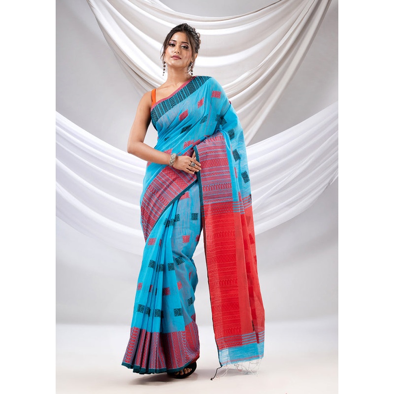 Sky Blue Pure Cotton Saree With Blouse Piece - JD986586091