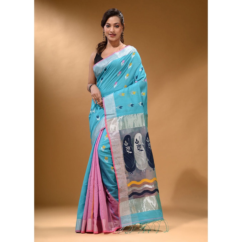 Sky Blue Pure Cotton Saree With Blouse Piece - JD986586092