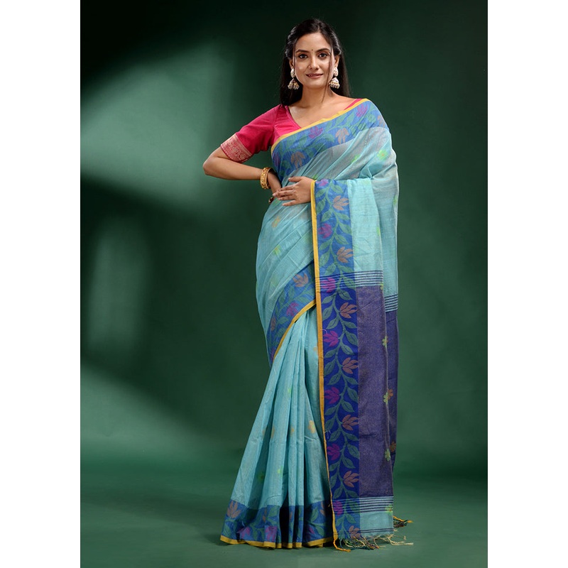Sky Blue Spun Silk Saree With Blouse Piece - JD986586080