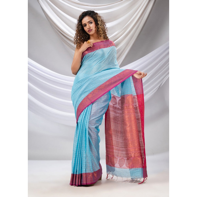 Sky Blue Spun Silk Saree With Blouse Piece - JD986586081