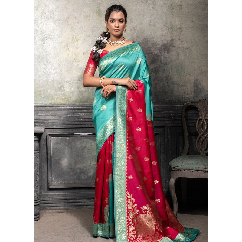 Sky Blue Spun Silk Saree With Blouse Piece - JD986586082