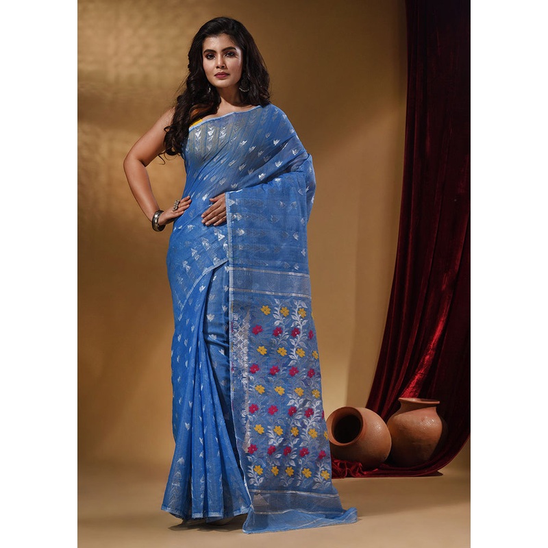 Sky Blue Tant Jamdani Saree With Blouse Piece - JD986586078