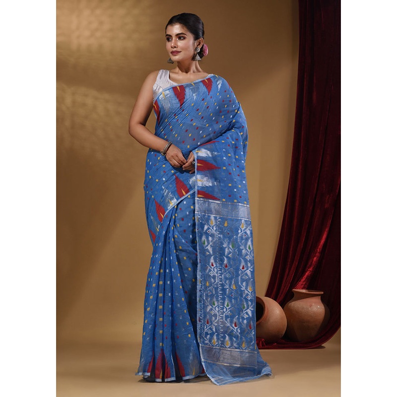 Sky Blue Tant Jamdani Saree With Blouse Piece - JD986586079