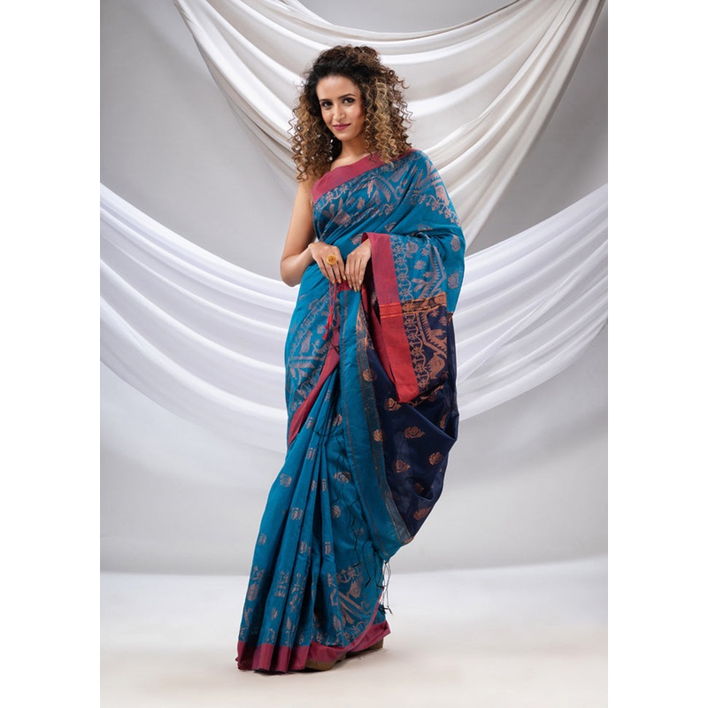 Teal Blue Cotton Saree With Blouse Piece - JD986586077