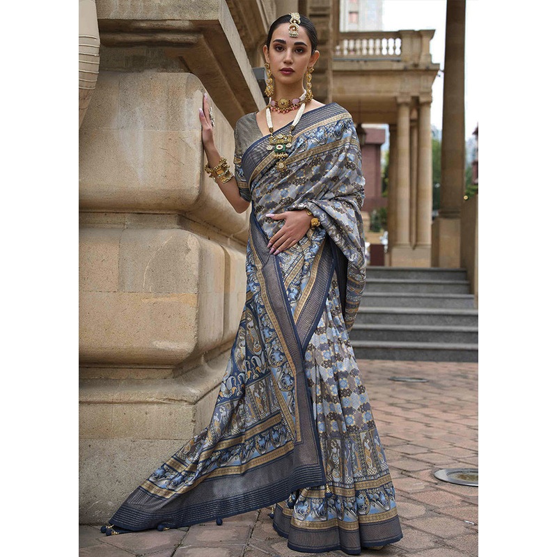 Teal Blue Dupion Silk Saree With Blouse Piece - JD986586074