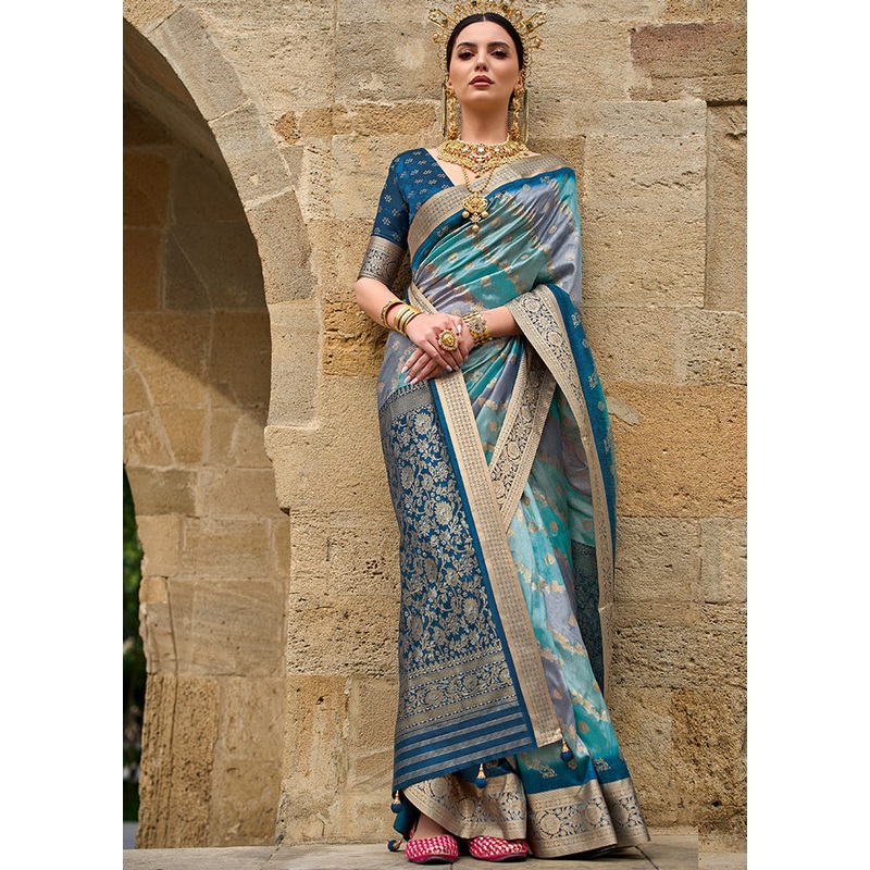 Teal Blue Dupion Silk Saree With Blouse Piece - JD986586075