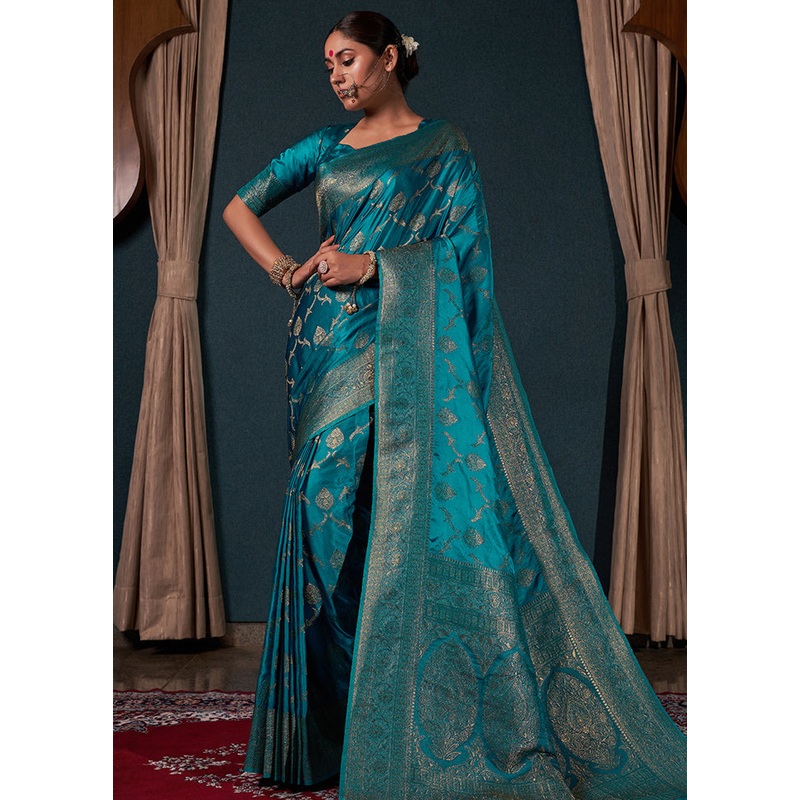 Teal Blue Dupion Silk Saree With Blouse Piece - JD986586076