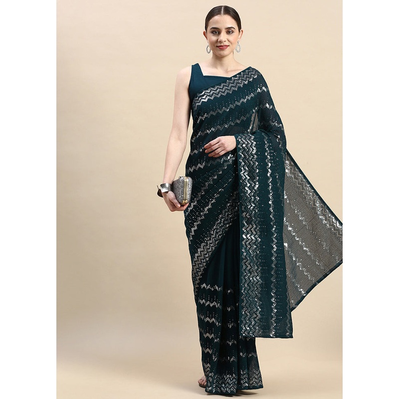 Teal Blue Georgette Saree With Blouse Piece - JD986586070