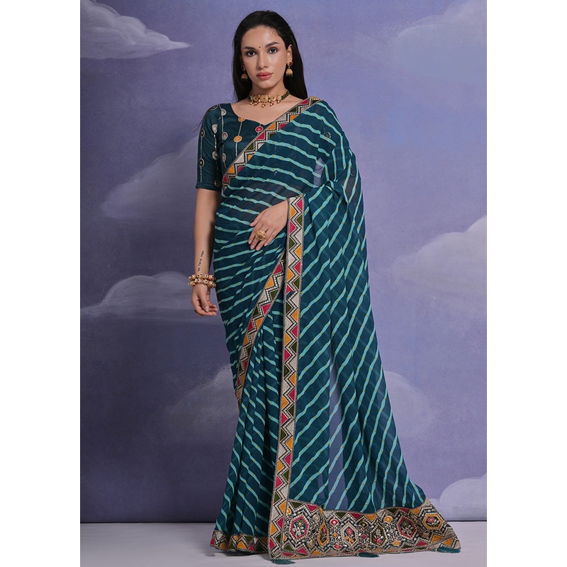 Teal Blue Georgette Saree With Blouse Piece - JD986586071