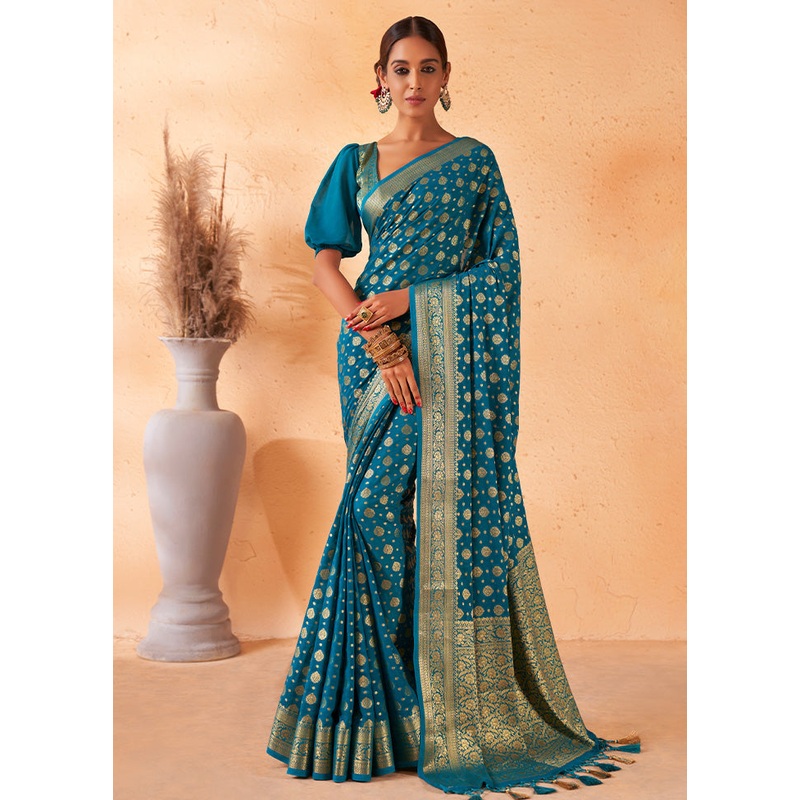 Teal Blue Georgette Saree With Blouse Piece - JD986586072