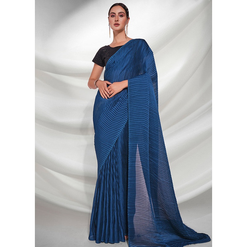 Teal Blue Georgette Saree With Blouse Piece - JD986586073