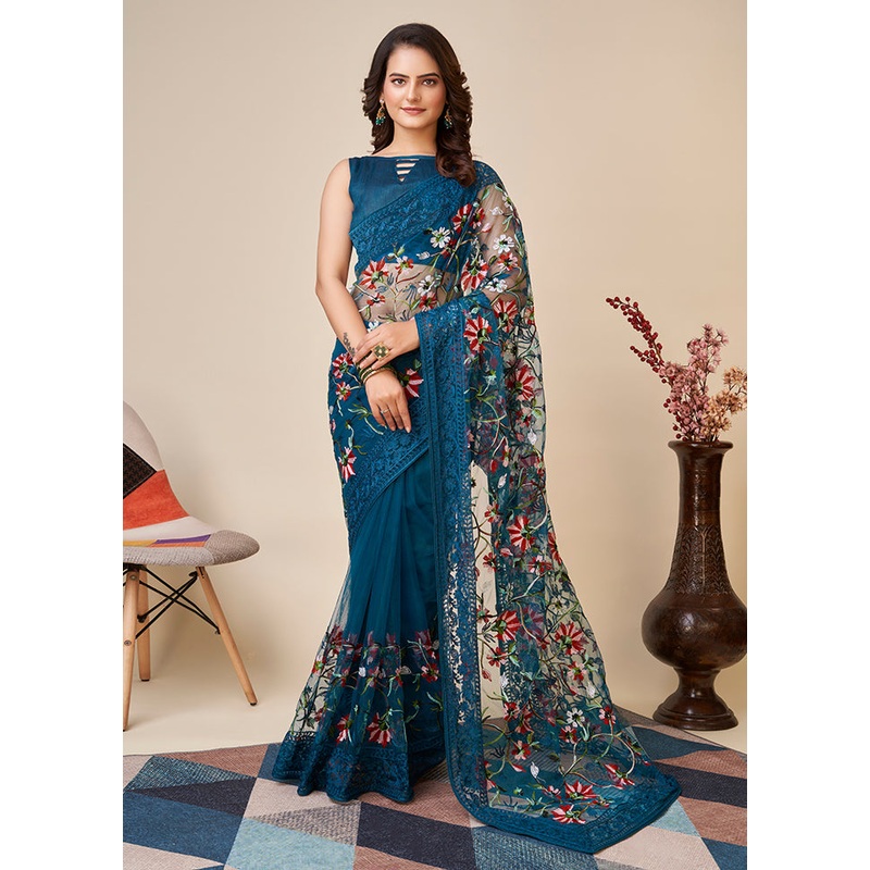 Teal Blue Net Saree With Blouse Piece - JD986586069