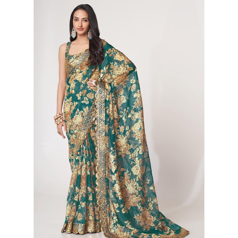 Teal Blue Organza Saree With Blouse Piece - JD986586067