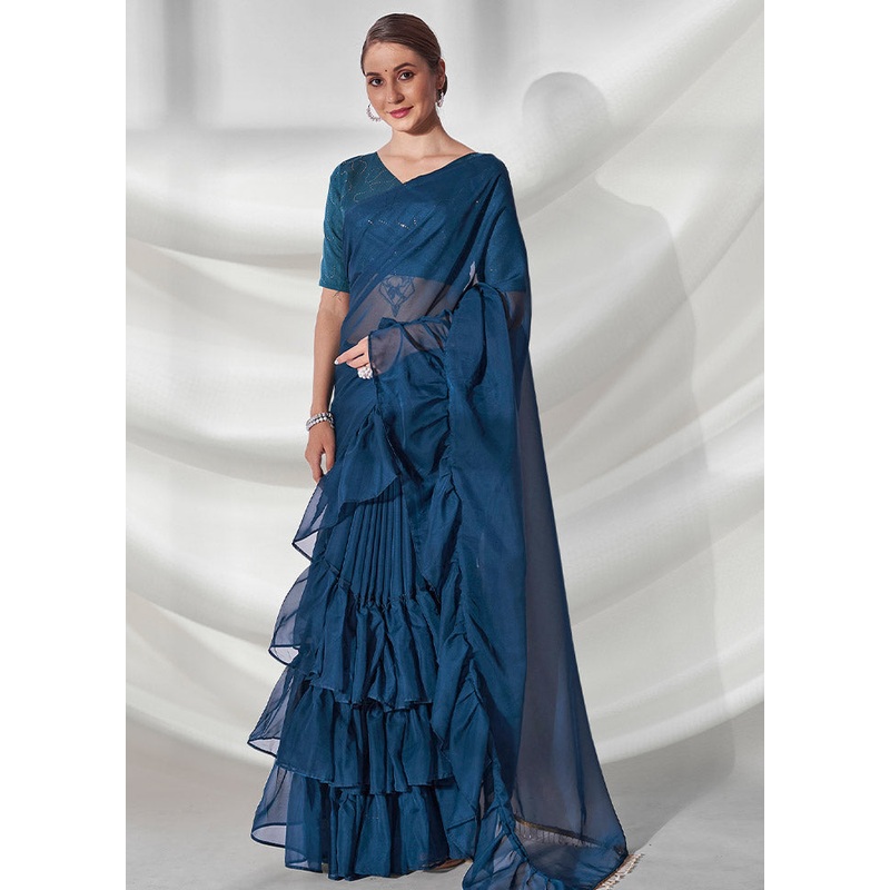 Teal Blue Organza Saree With Blouse Piece - JD986586068