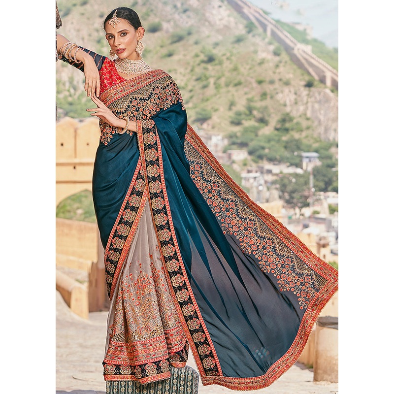 Teal Blue Silk Saree With Blouse Piece - JD986586064