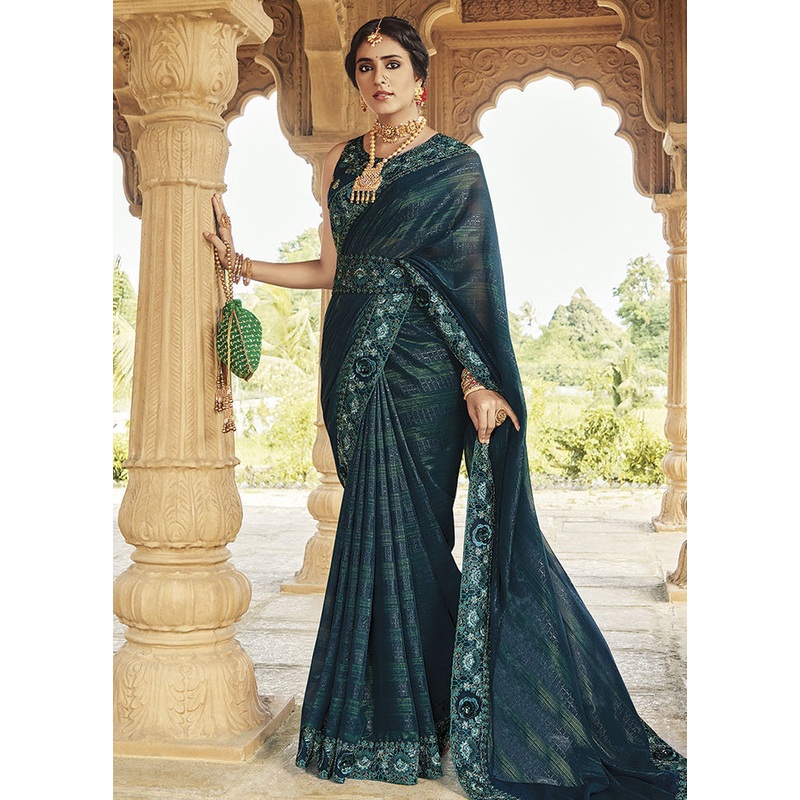 Teal Blue Silk Saree With Blouse Piece - JD986586065