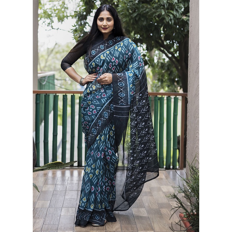 Teal Blue Silk Saree With Blouse Piece - JD986586066