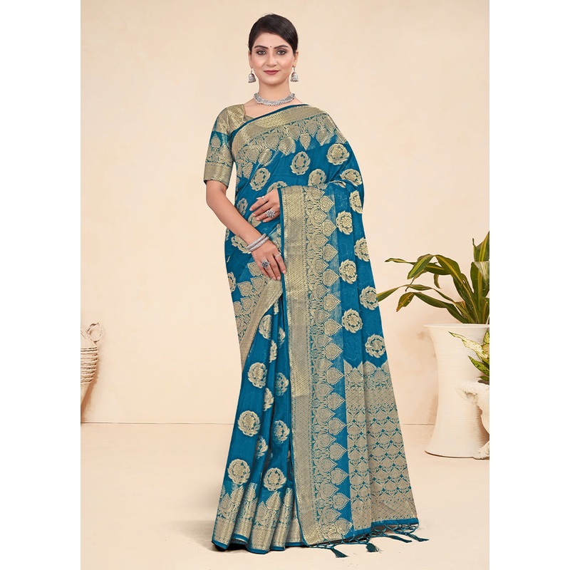 Teal Blue Spun Silk Saree With Blouse Piece - JD986586063