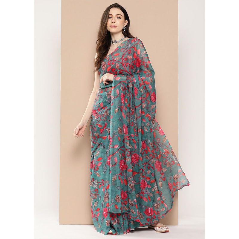 Teal Chiffon Silk Saree With Blouse Piece - JD986586060