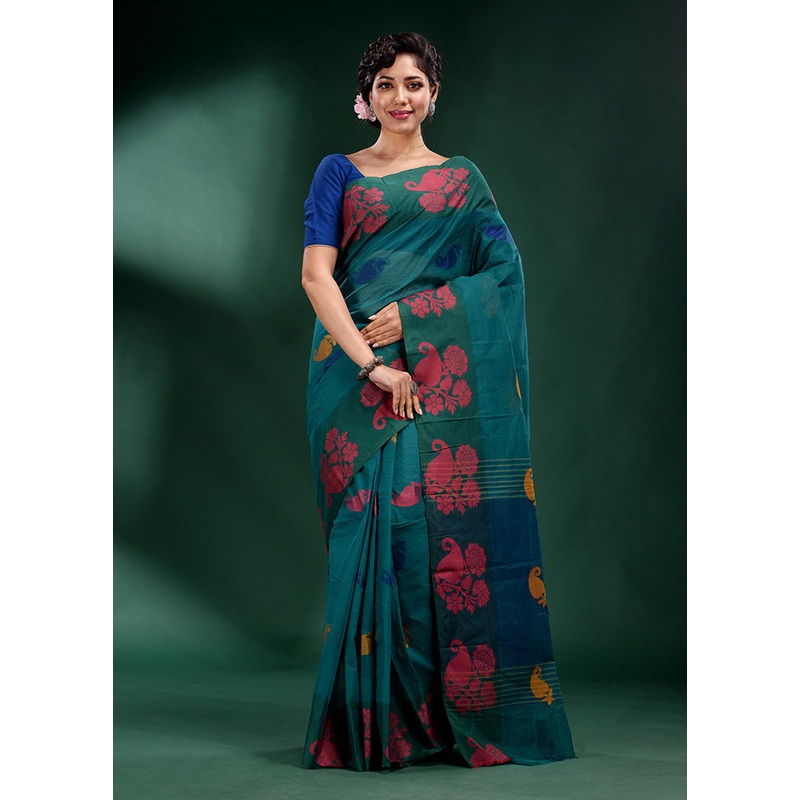 Teal Cotton Saree With Blouse Piece - JD986586052