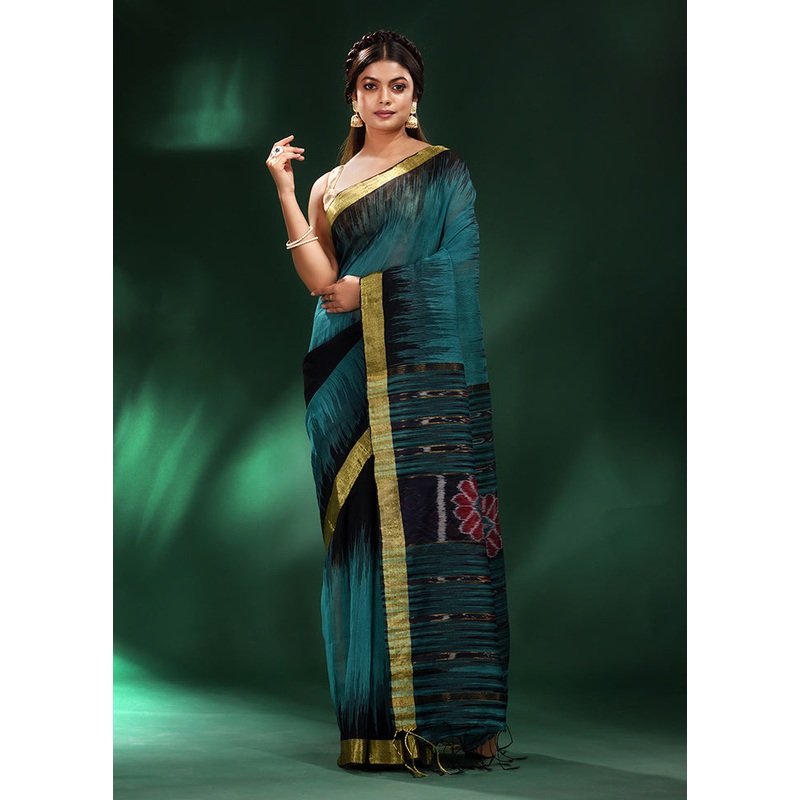 Teal Cotton Saree With Blouse Piece - JD986586053