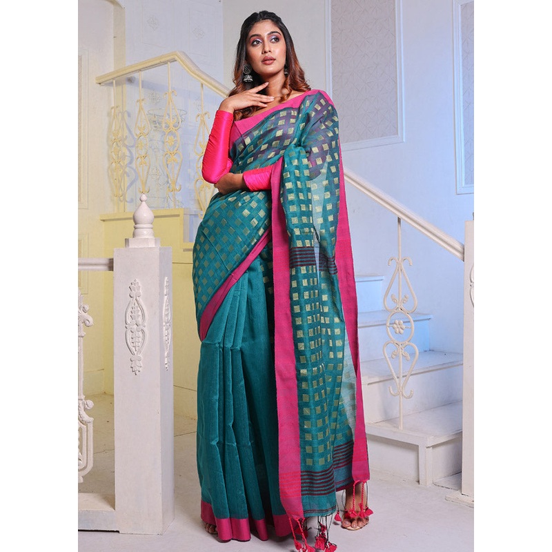 Teal Cotton Saree With Blouse Piece - JD986586054