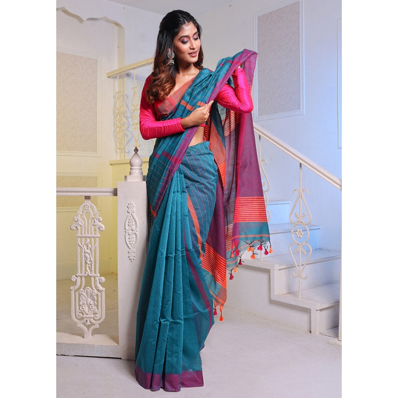 Teal Cotton Saree With Blouse Piece - JD986586055