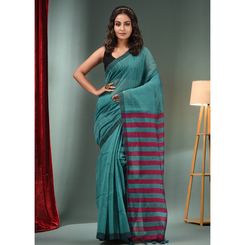 Teal Cotton Saree With Blouse Piece - JD986586056