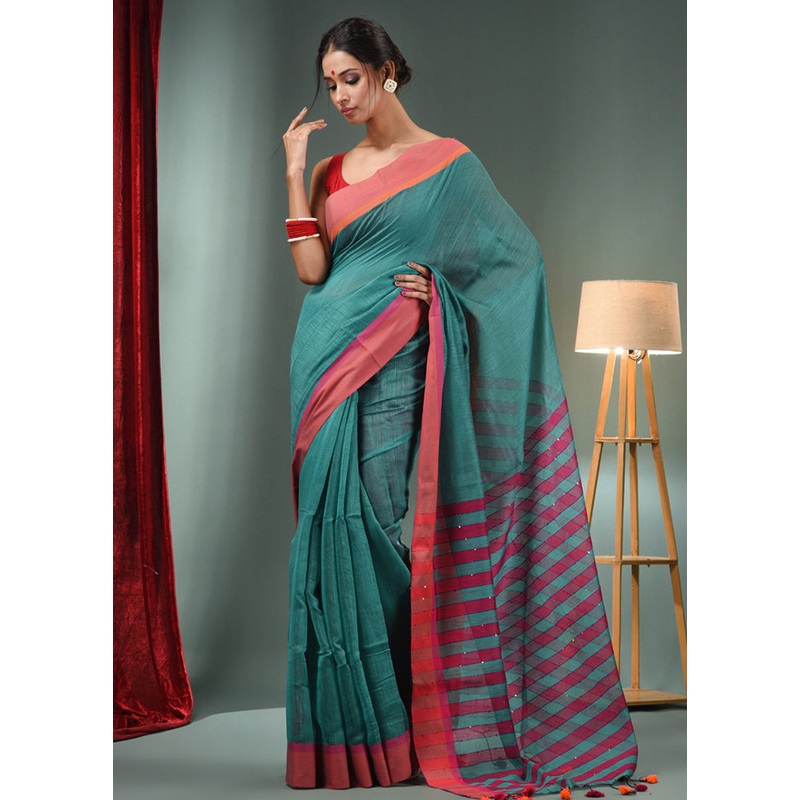 Teal Cotton Saree With Blouse Piece - JD986586057