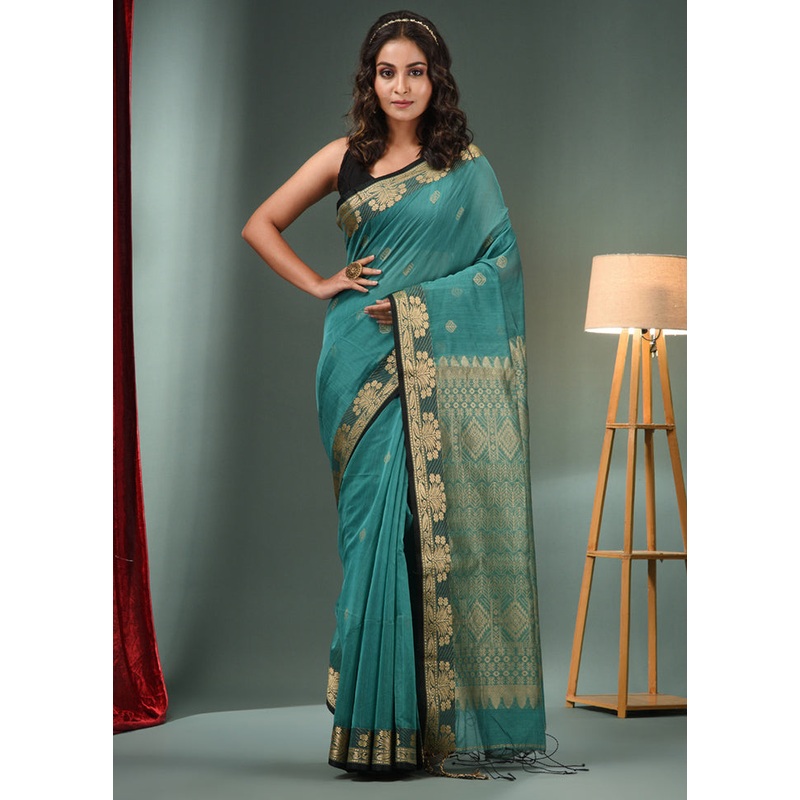 Teal Cotton Saree With Blouse Piece - JD986586058